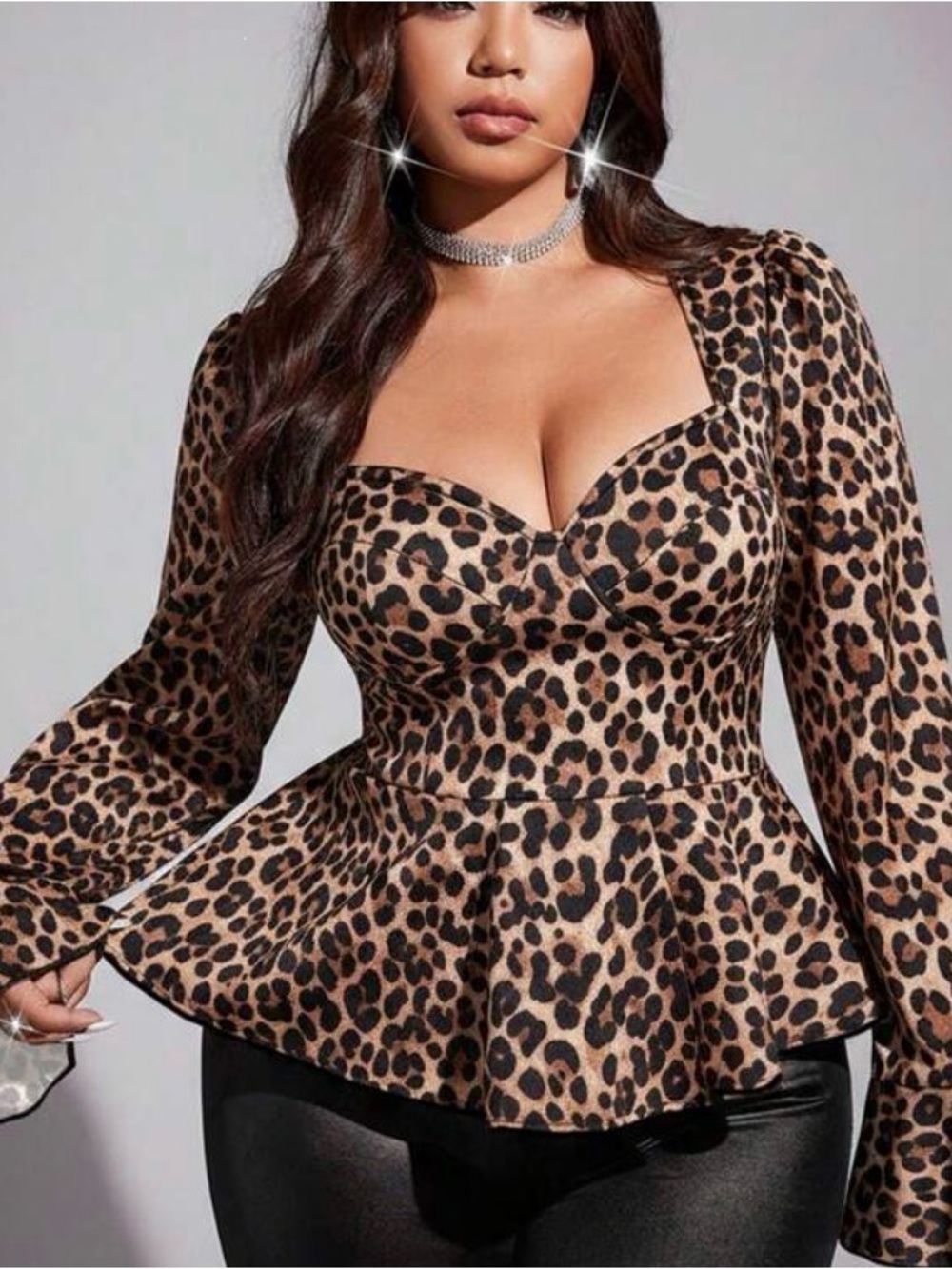 Leopard Print Peplum Sweetheart Top - Brown